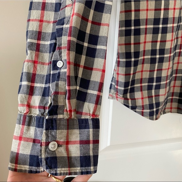 J Crew Mercantile Flex Grey, Blue & Red Plaid Shirt w Button Down Collar - Picture 5 of 8